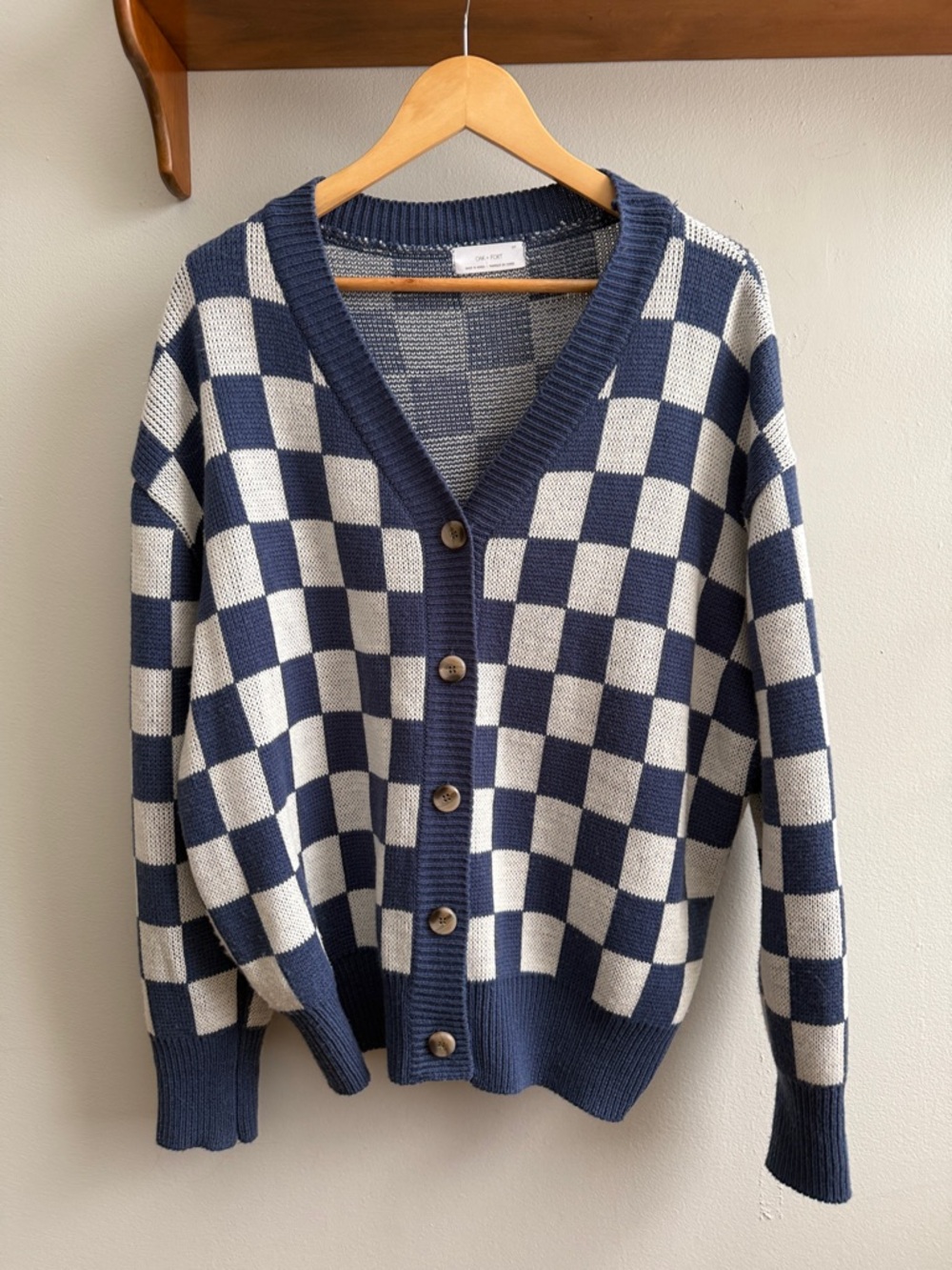 OAK + FORT Navy and Cream Checkerboard Button-Up Cardigan